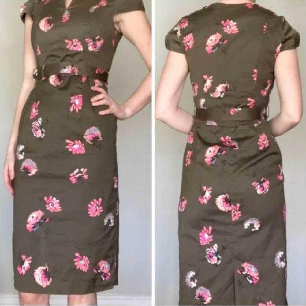 Boden Olive green and pink floral belted pencil midi dress size 4R